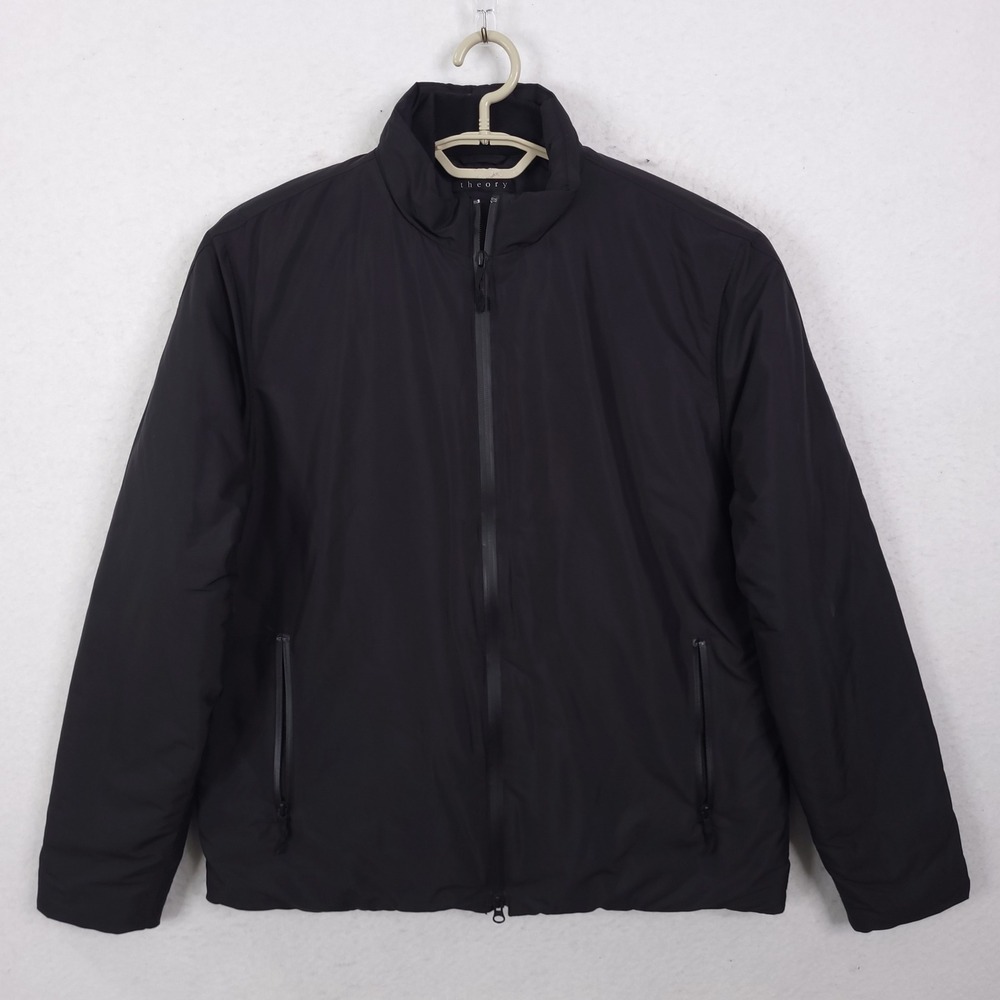Theory Stand-Collar Puffer Coat in City Poly L Black Insulated Minimalist Tech